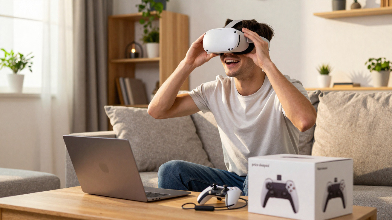 Homem sentado no sofá usando óculos de realidade virtual com controle e notebook em mesa de madeira.