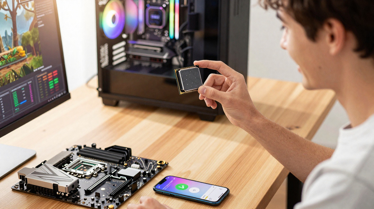 Homem instalando processador em placa-mãe enquanto monitora processo em celular e computador.