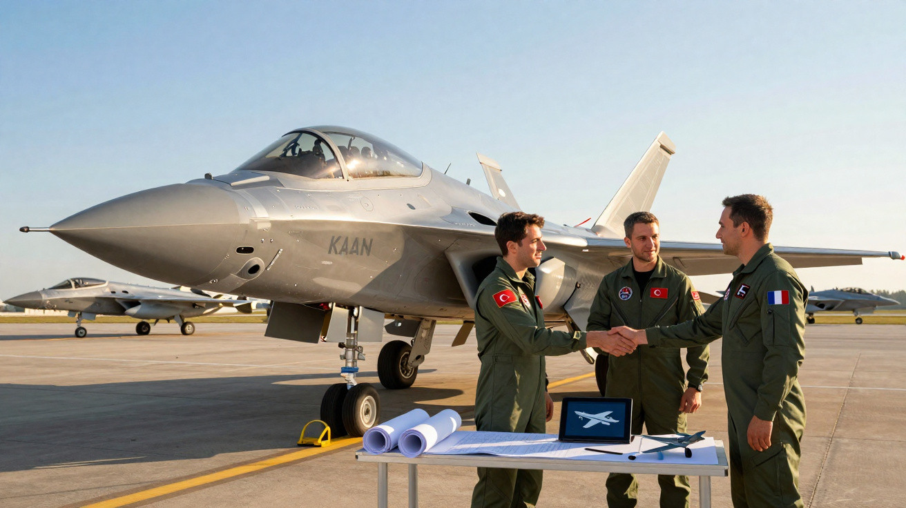 Três pilotos em uniformes verdes aperto de mãos ao lado de caça F-16 cinza na pista de aeroporto.