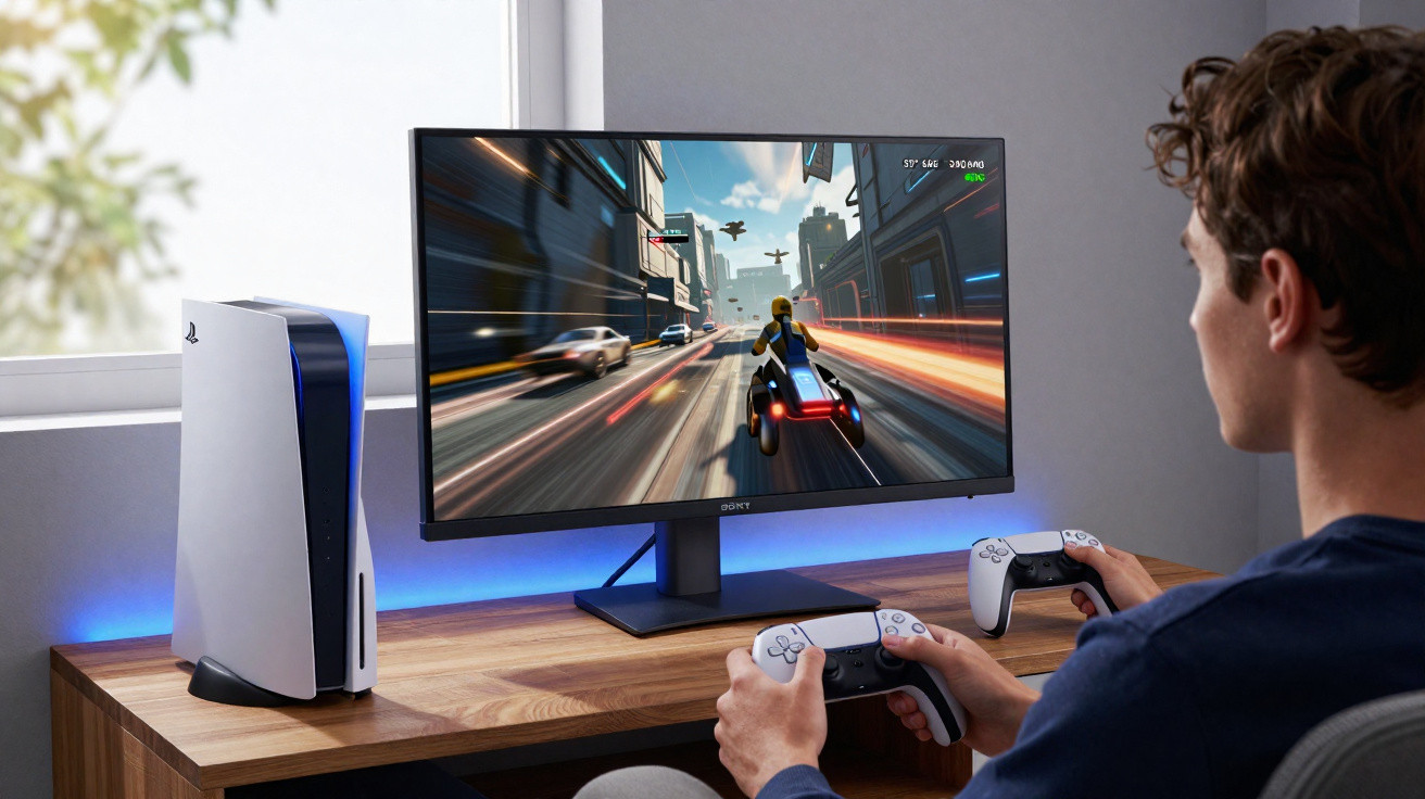 Pessoa jogando videogame em console PlayStation 5 com controle duplo, tela mostra jogo de corrida futurista.