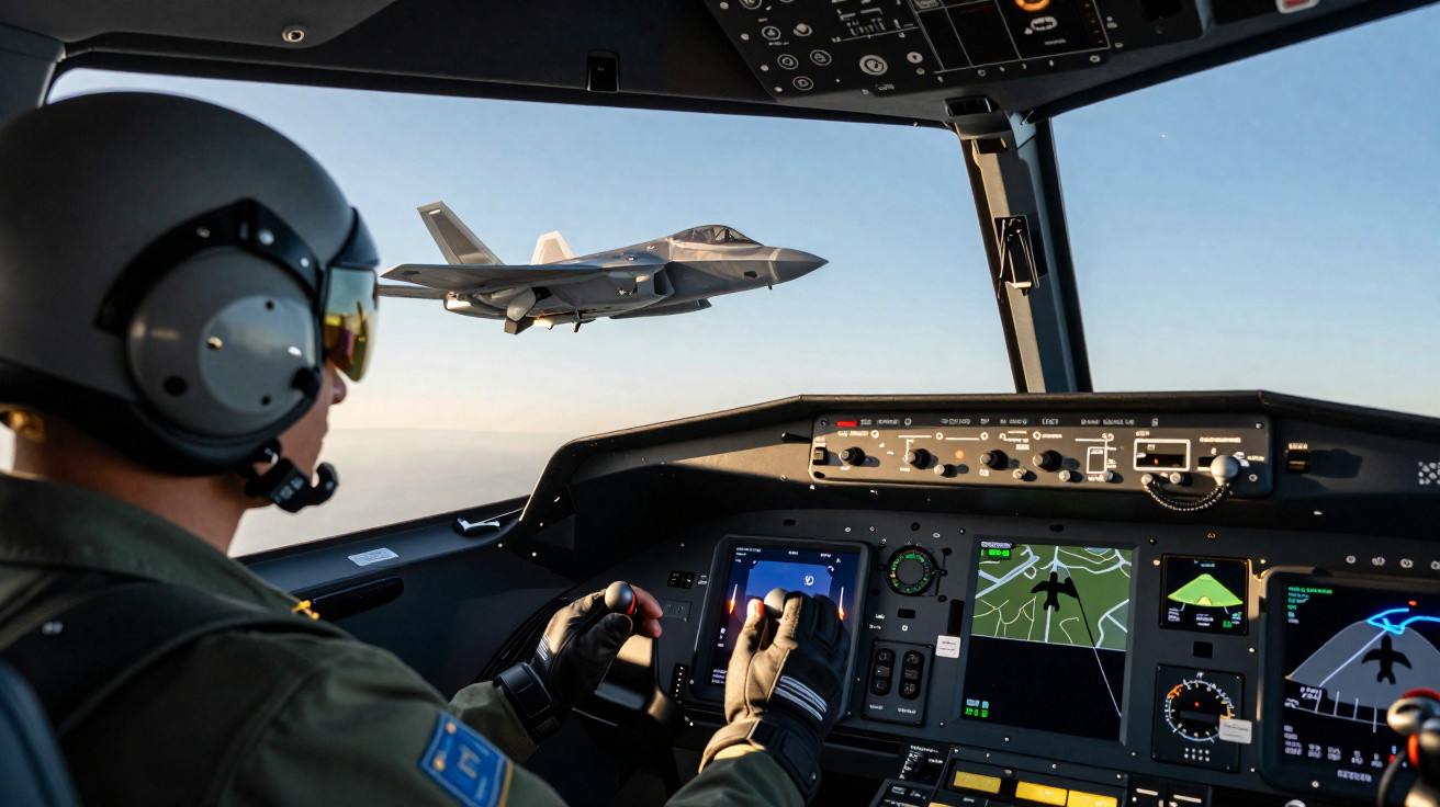 Piloto militar no cockpit de aeronave com jato de caça voando ao lado durante o dia claro