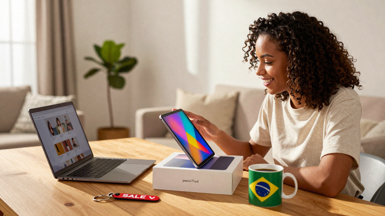 Mulher negra feliz desencaixando novo tablet da embalagem, com laptop e caneca do Brasil à mesa.