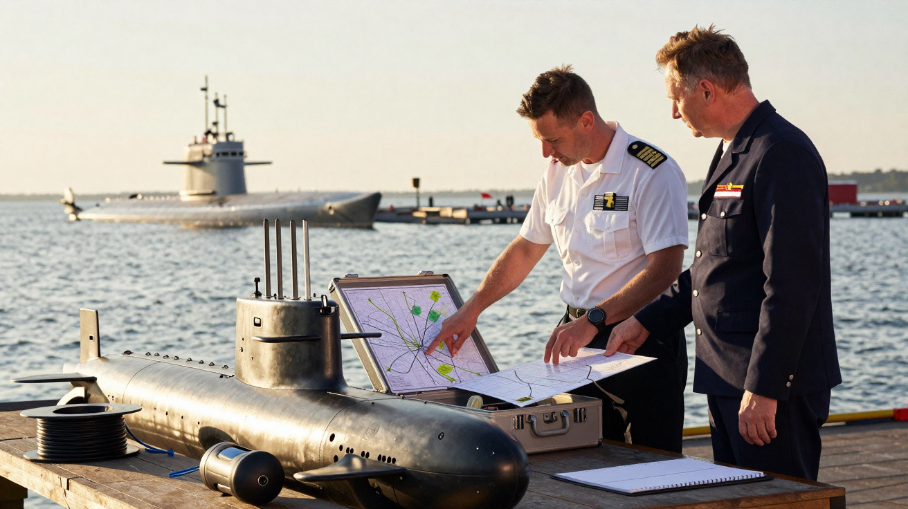 Dois homens em uniformes militares observam mapas ao lado de um modelo de submarino em um cais.
