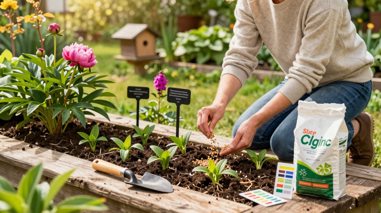 Pessoa plantando mudas em jardim com ferramentas e saco de fertilizante ao lado em dia ensolarado.