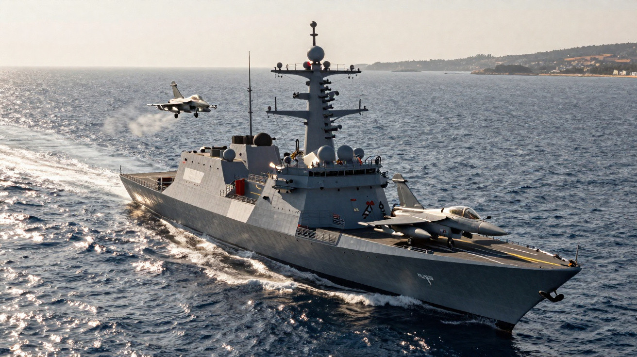 Navio de guerra em mar aberto com dois caças decolando e pousando na sua plataforma.