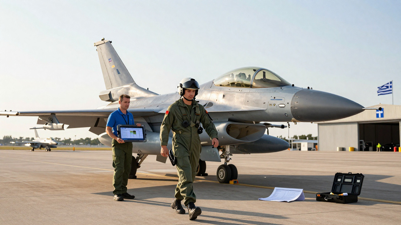 Piloto e técnico militar próximos a caça F-16 em pista de aeroporto com hangar ao fundo.