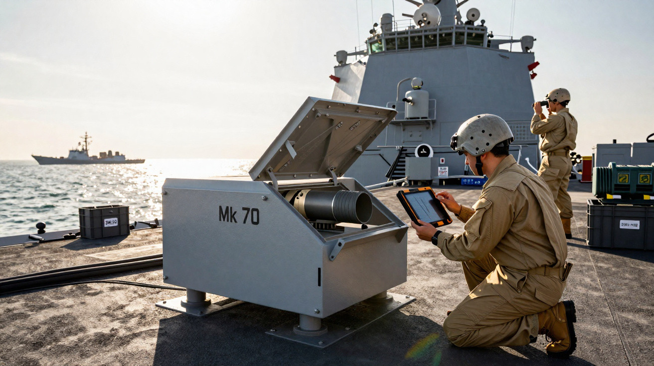 Marinheiro usando tablet ao lado de equipamento Mk 70 em navio, com outro militar ao fundo observando o mar.
