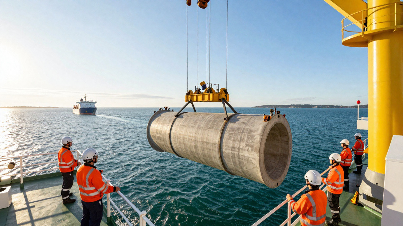 Trabalhadores com coletes laranja e capacetes supervisionam içamento de tubo grande sobre navio no mar ao pôr do sol.