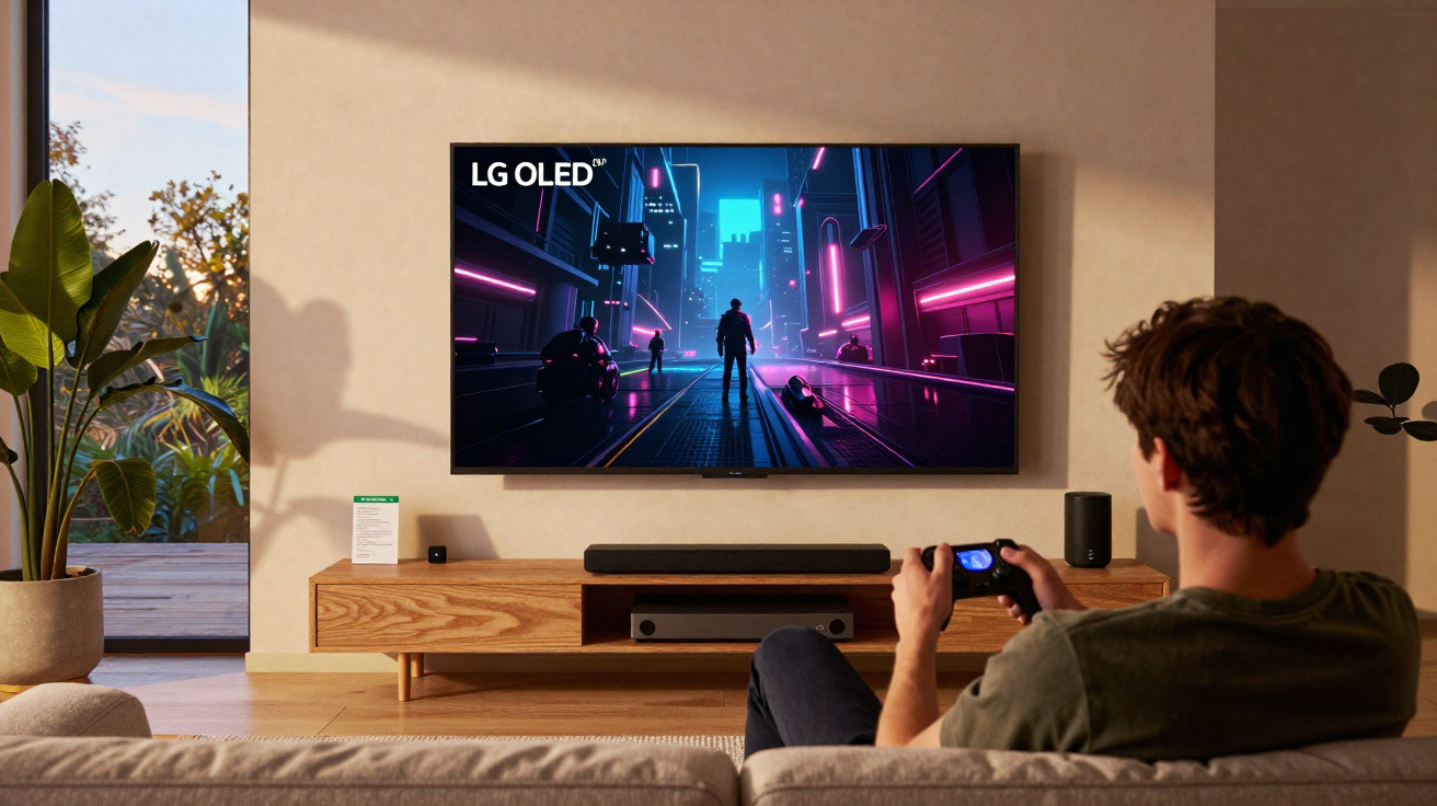 Pessoa sentada no sofá jogando videogame na TV LG OLED em sala moderna com planta e móveis de madeira.