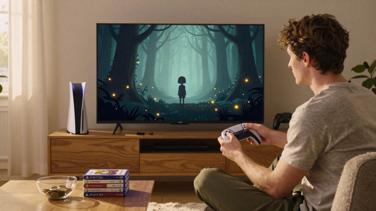 Jovem jogando videogame em TV com console PlayStation 5 ao lado e controles na mão.