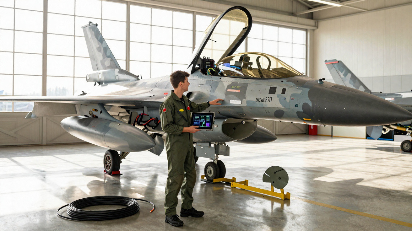 Homem de uniforme verde inspeciona jato militar cinza dentro de hangar iluminado.