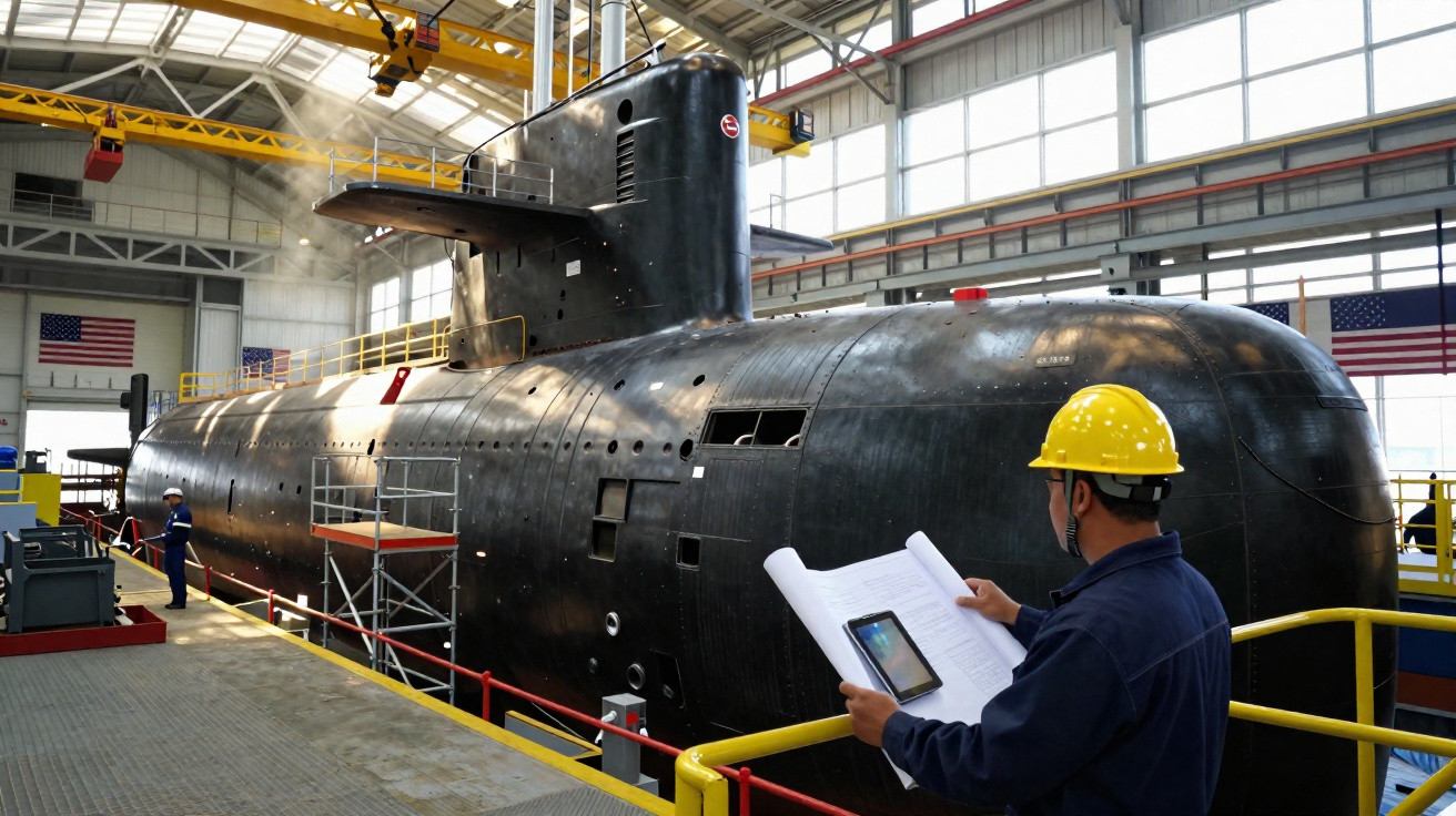 Submarino preto em estaleiro com trabalhadores usando capacetes amarelos e equipamentos de segurança.