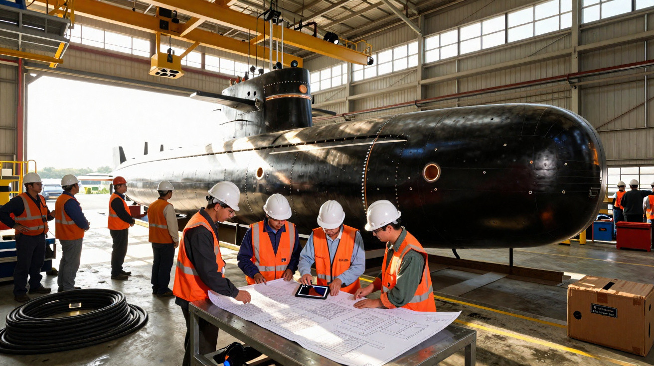 Equipe de engenheiros com coletes e capacetes revisando plantas em frente a um submarino em hangar industrial.