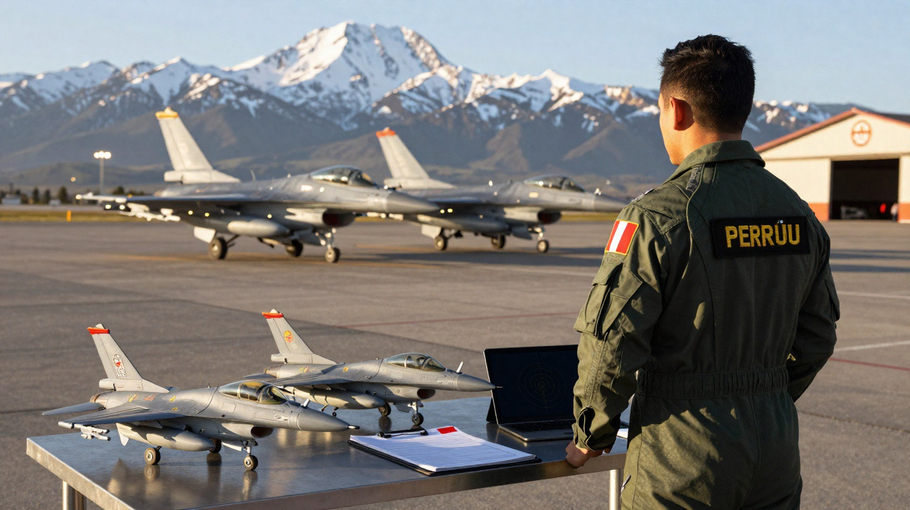 Militar peruano observa aviões de caça F-16 em pista com montanhas ao fundo e modelos em miniatura na mesa.