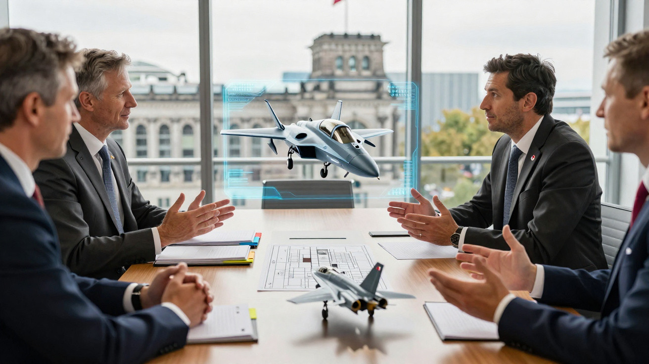 Quatro homens de terno em reunião com maquete e holograma de avião de combate sobre a mesa.