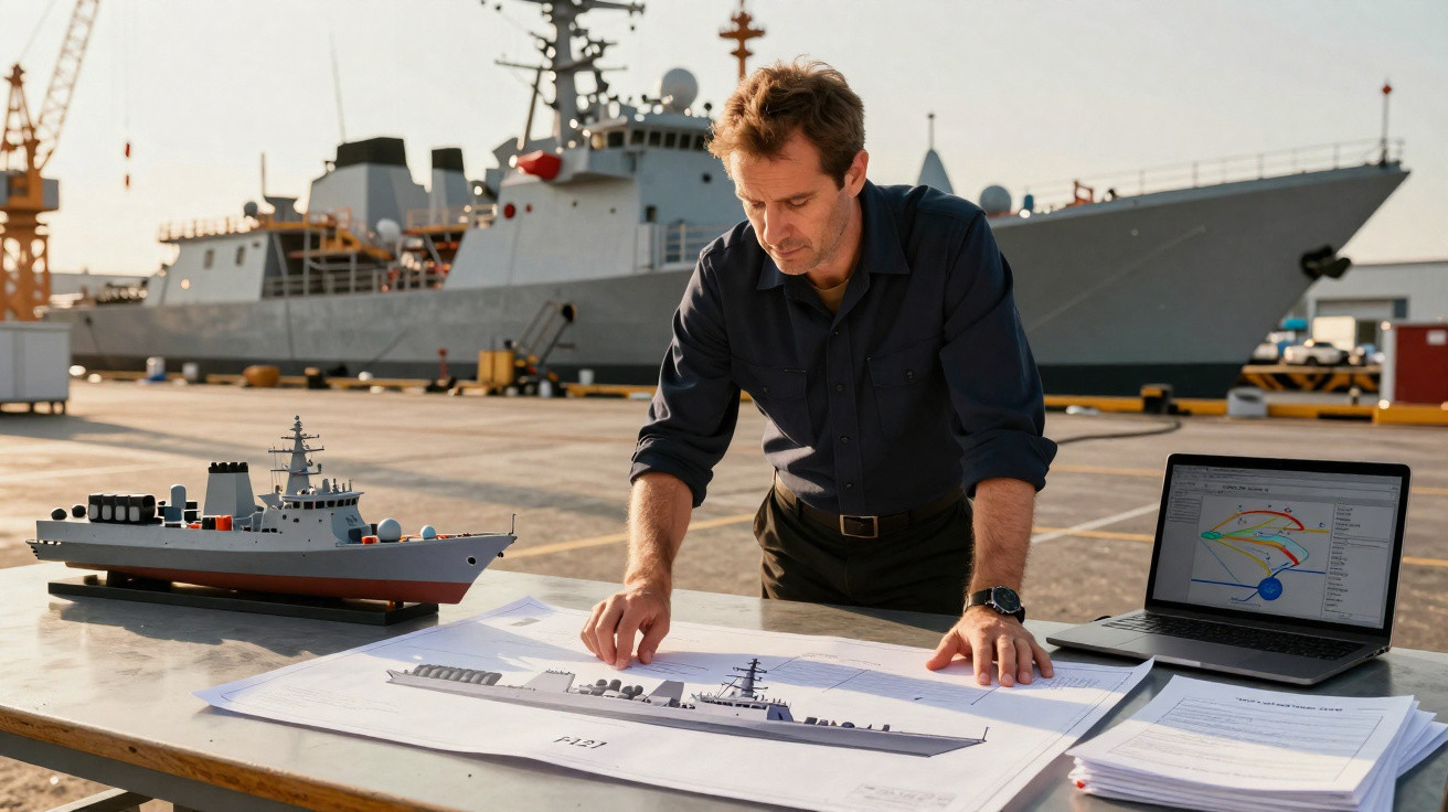 Homem analisando projeto naval com maquete de navio e laptop em porto com navio de guerra ao fundo.