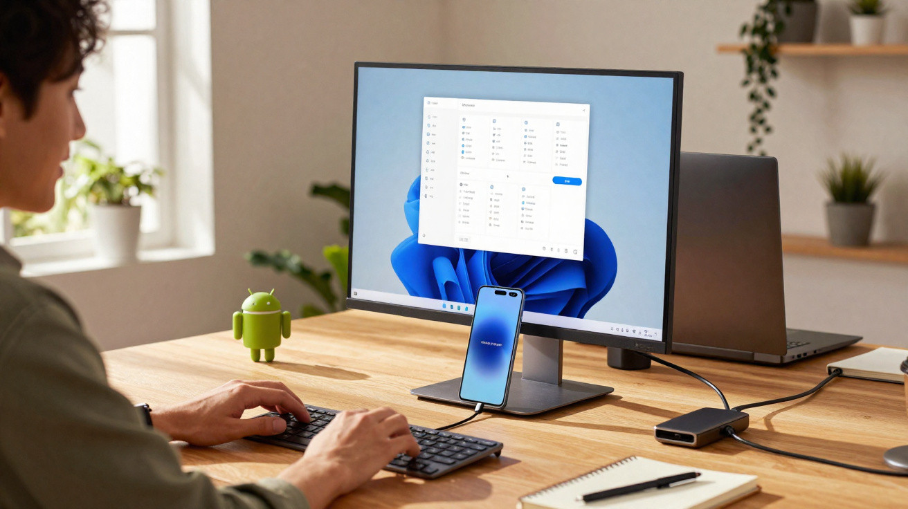 Pessoa usando computador com tela mostrando configurações do Windows 11 em mesa com celular, notebook e cacto.