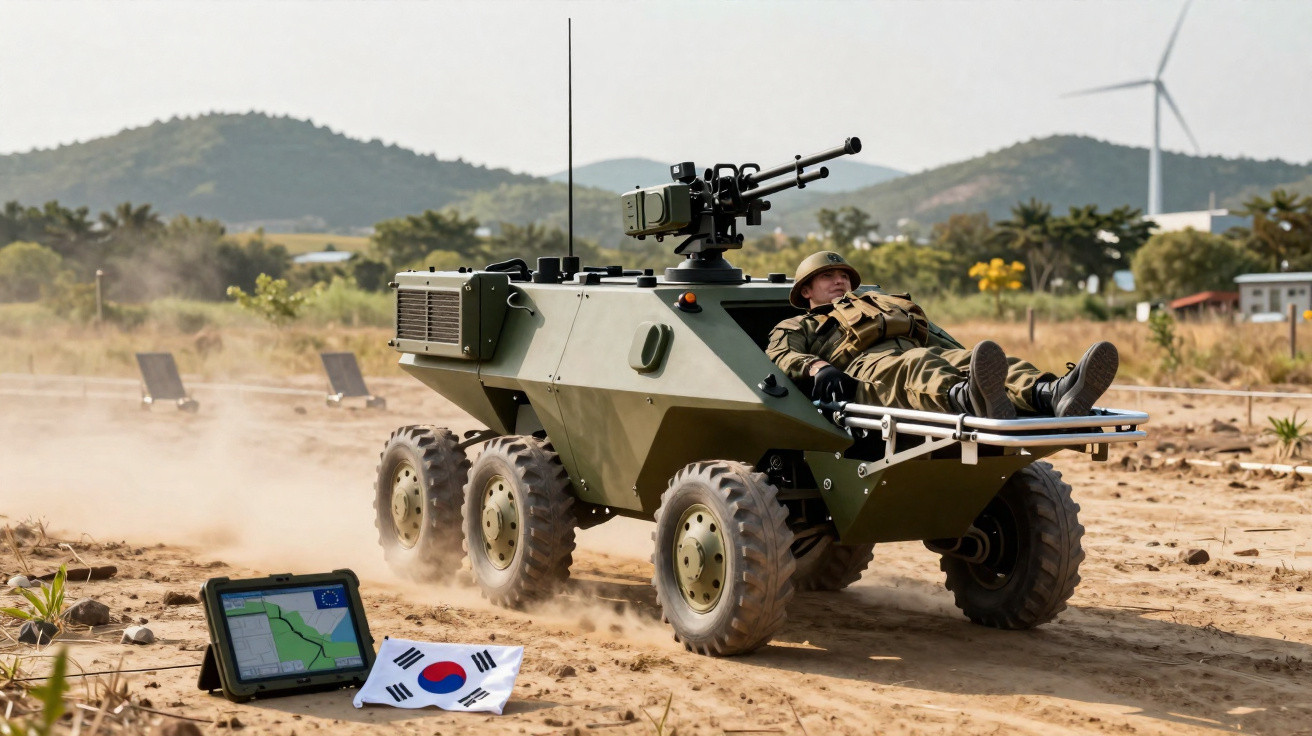 Veículo militar robótico com soldado deitado na frente em terreno arenoso com tablet ao lado e bandeira da Coreia do Sul.