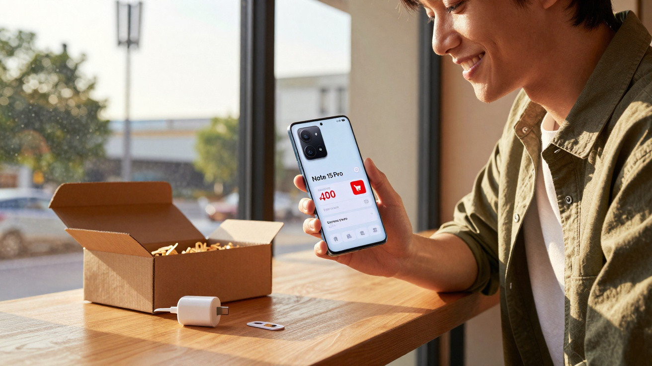 Pessoa sorrindo segurando um celular novo com tela de compra online, ao lado de caixa aberta e carregador na mesa.