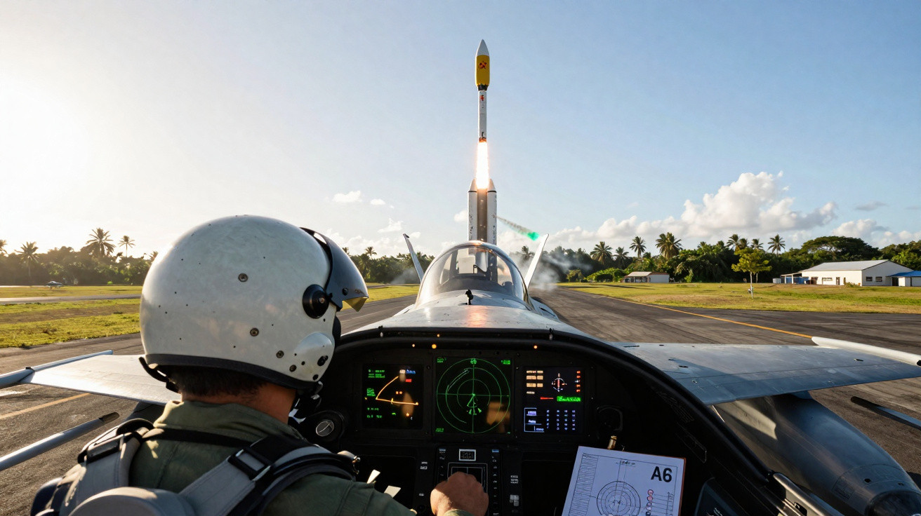 Piloto em cabine de avião observa lançamento de foguete em pista de pouso cercada por vegetação.