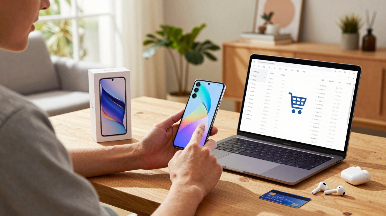 Pessoa usando celular com imagem colorida ao lado de caixa, cartão de crédito e laptop com carrinho de compras na tela.