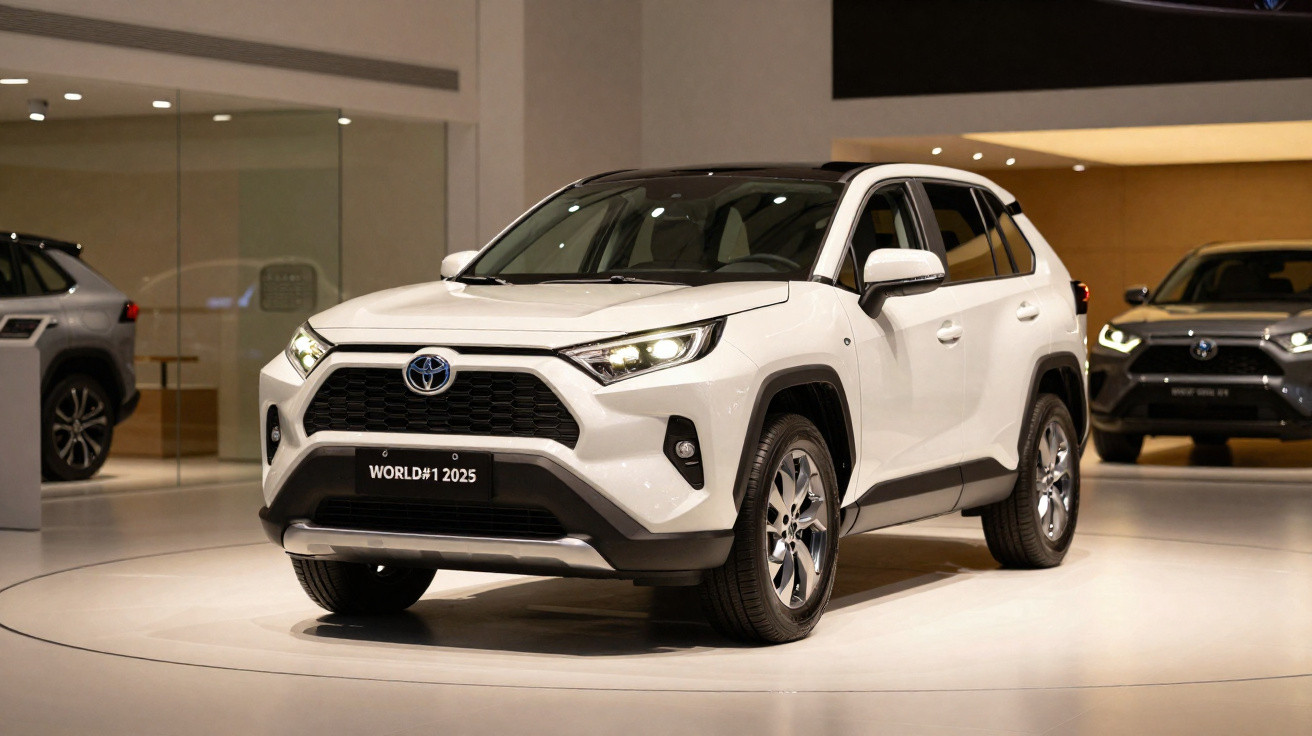 SUV branco Toyota RAV4 em exposição, com destaque para os faróis acesos e placa "WORLD#1 2025".