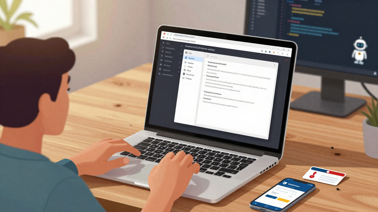 Pessoa trabalhando em notebook com código aberto na tela, smartphone e cartão em mesa de madeira.