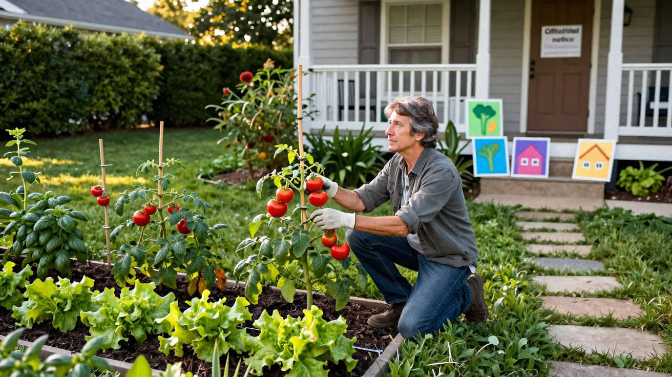Homem idoso cuidando de planta de tomate em jardim orgânico ao ar livre em dia ensolarado.