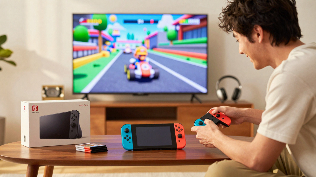 Jovem jogando videogame Nintendo Switch com controles coloridos em sala de estar.
