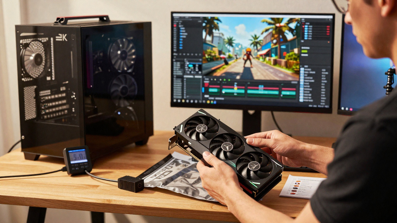 Pessoa segurando placa de vídeo próxima a gabinete aberto e monitor com software de edição 3D.