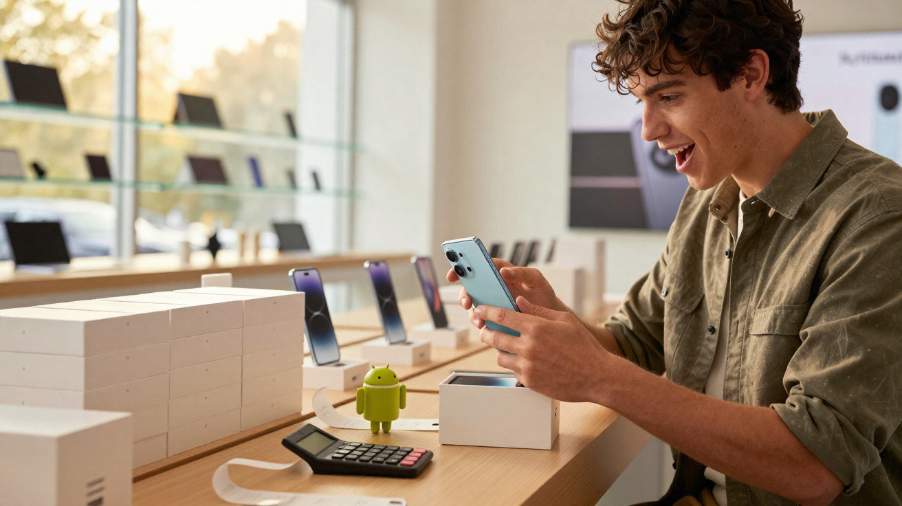 Jovem feliz experimenta celular azul em loja tecnológica com caixas, calculadora e boneco Android na mesa.