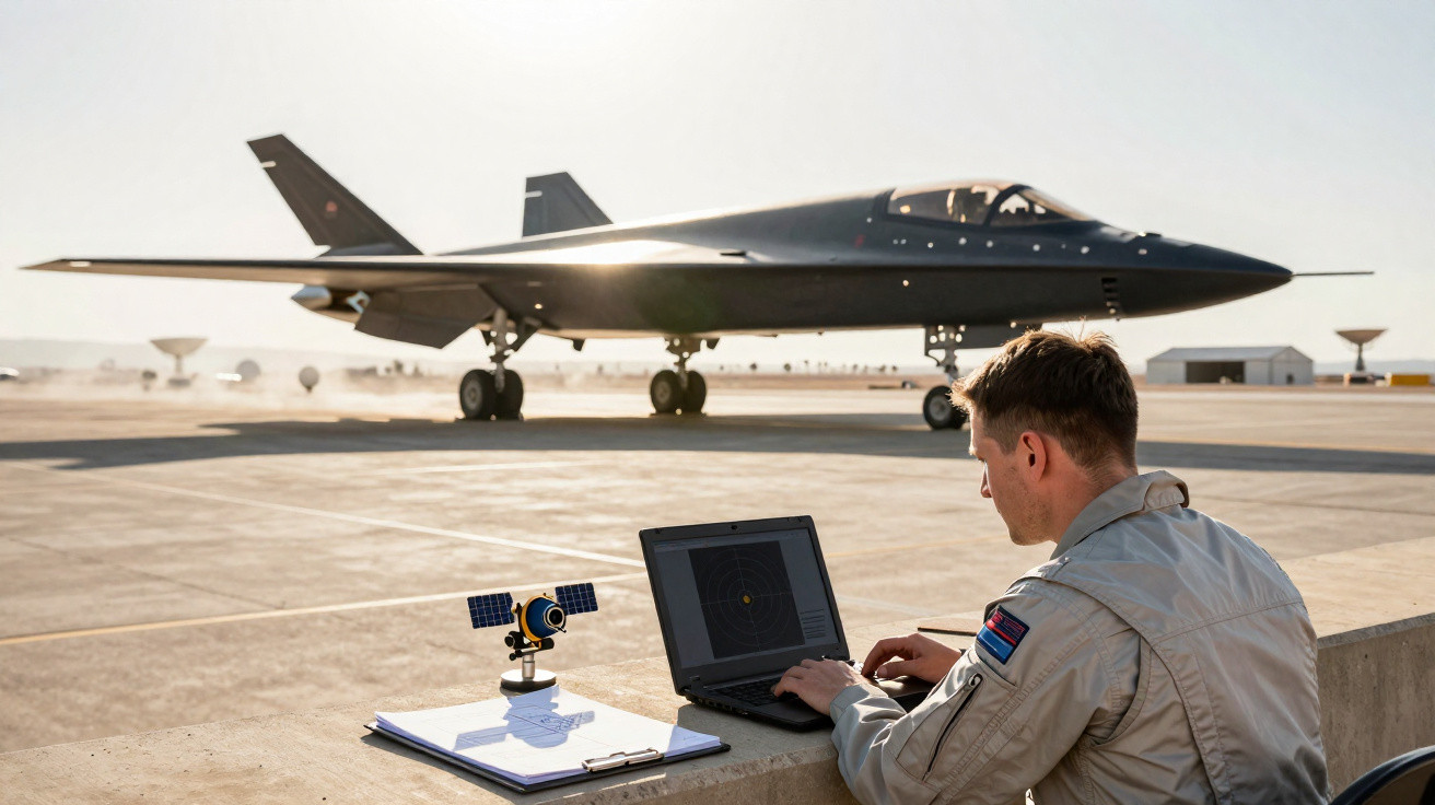 Homem militar usando laptop perto de caça stealth preto estacionado em pista de aeroporto.
