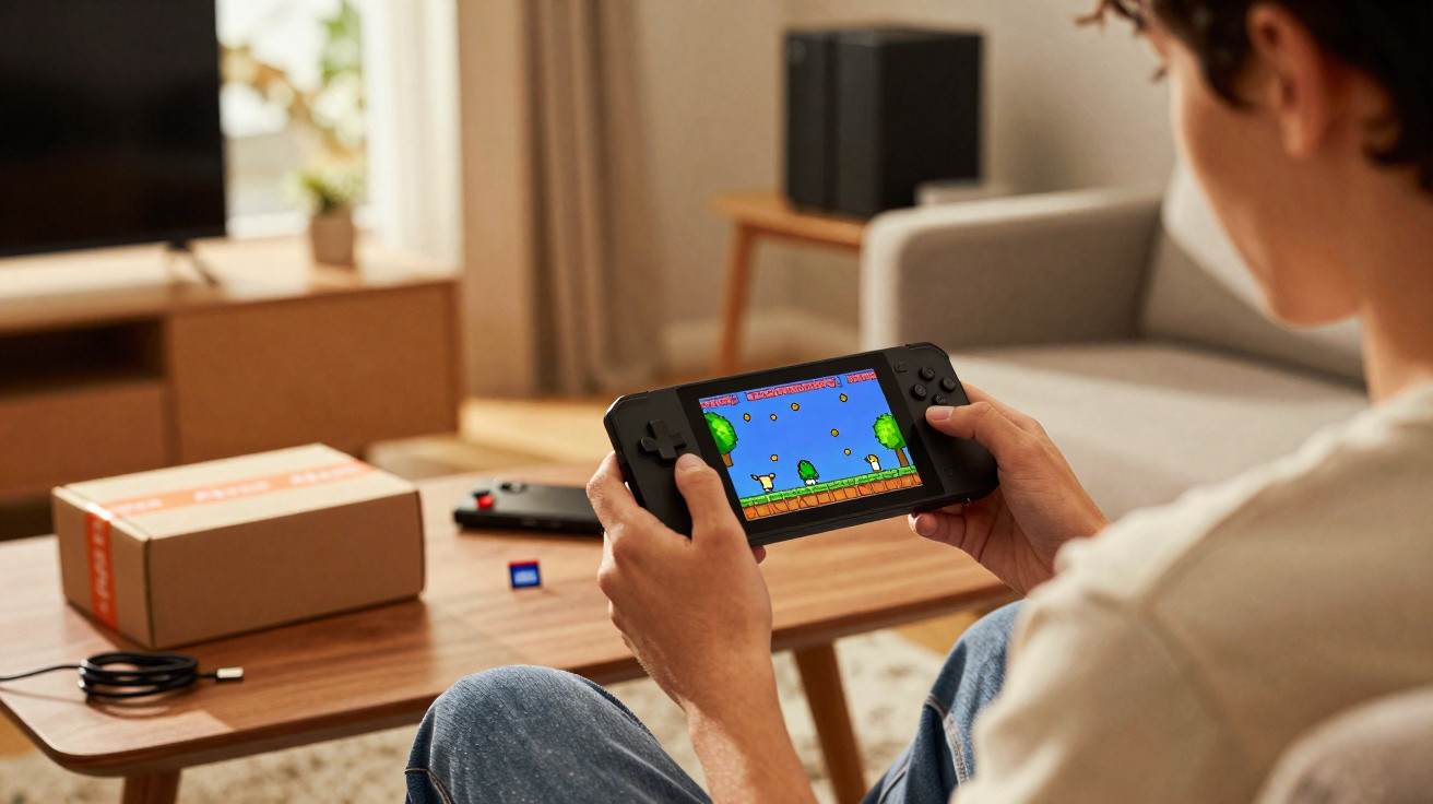 Pessoa segurando console portátil com jogo estilo retrô em ambiente doméstico aconchegante.