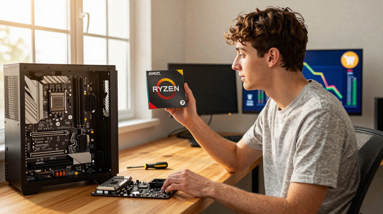 Jovem segurando processador AMD Ryzen enquanto monta computador em mesa com ferramentas e monitores.