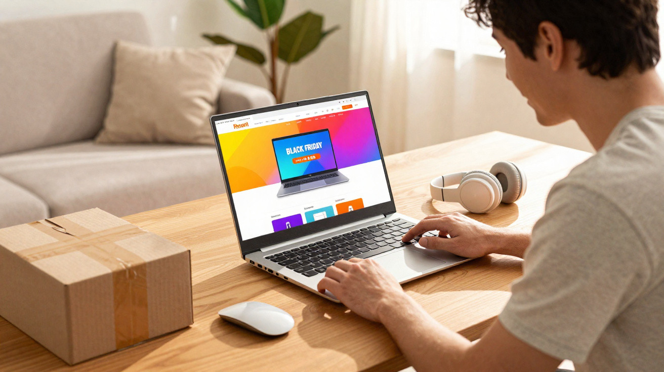 Pessoa fazendo compras online no site de promoções Black Friday em laptop, em casa, com caixa e fones ao lado.