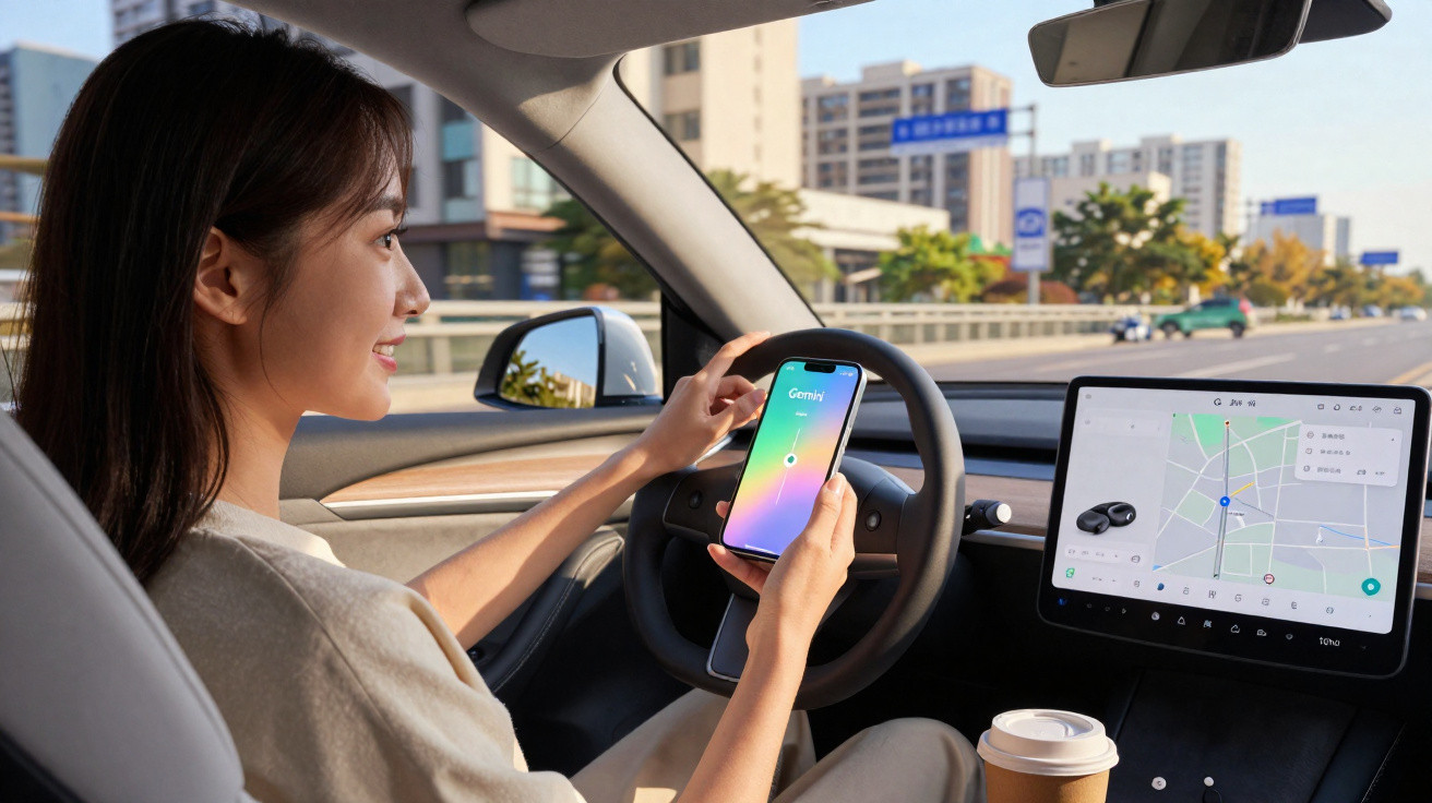 Mulher dirigindo carro moderno com celular na mão e navegação GPS na tela do painel.