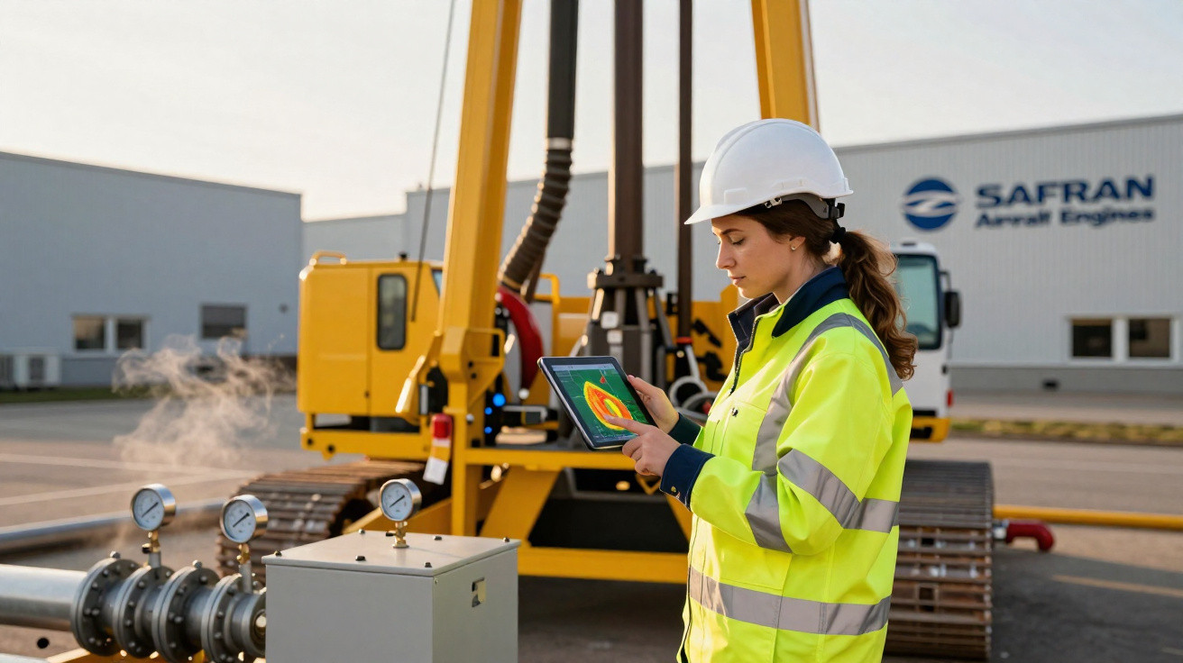Mulher com colete refletivo e capacete utilizando tablet em área industrial externa.