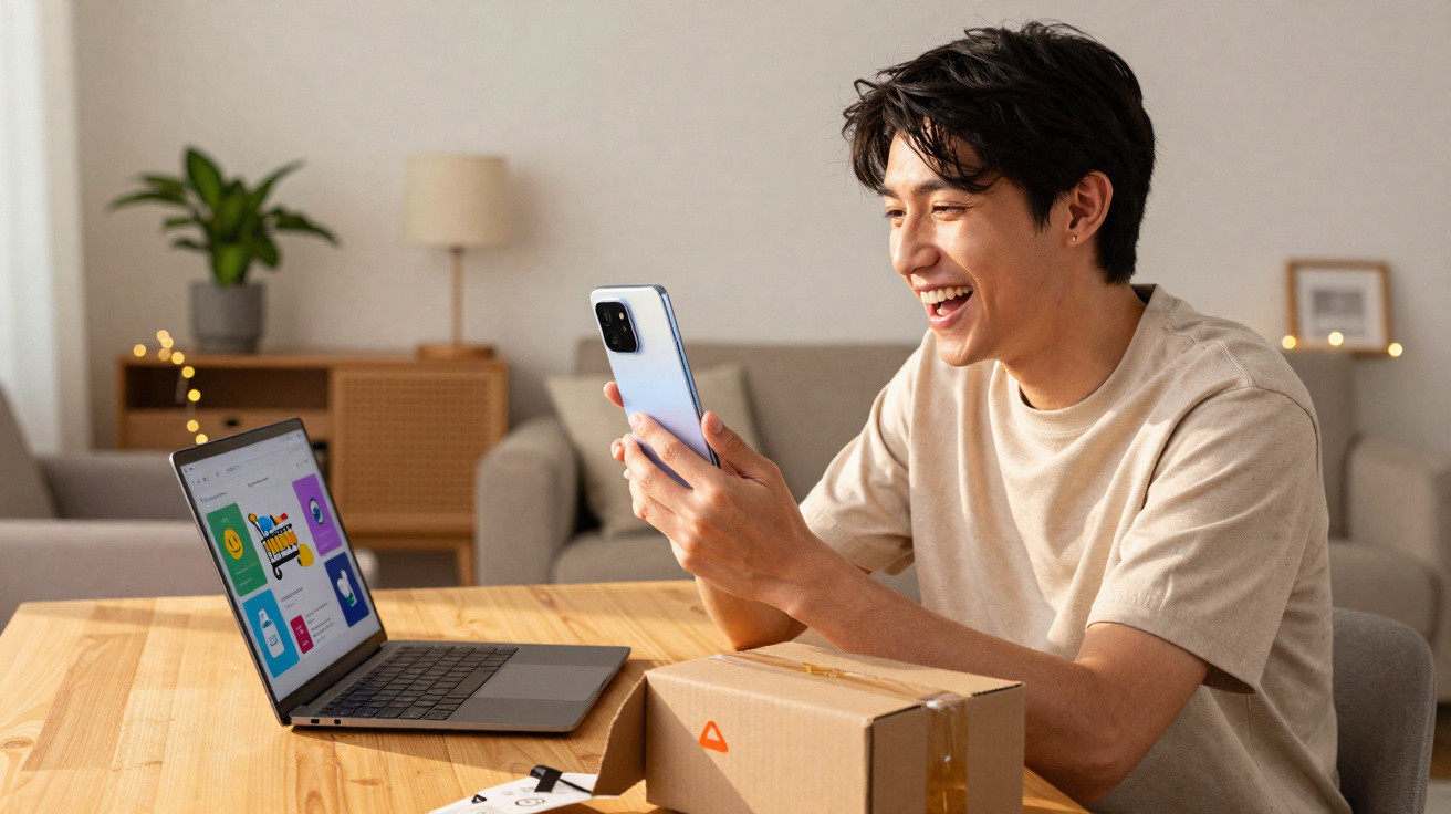 Jovem sorridente segurando smartphone enquanto usa laptop para compras online em uma sala aconchegante.