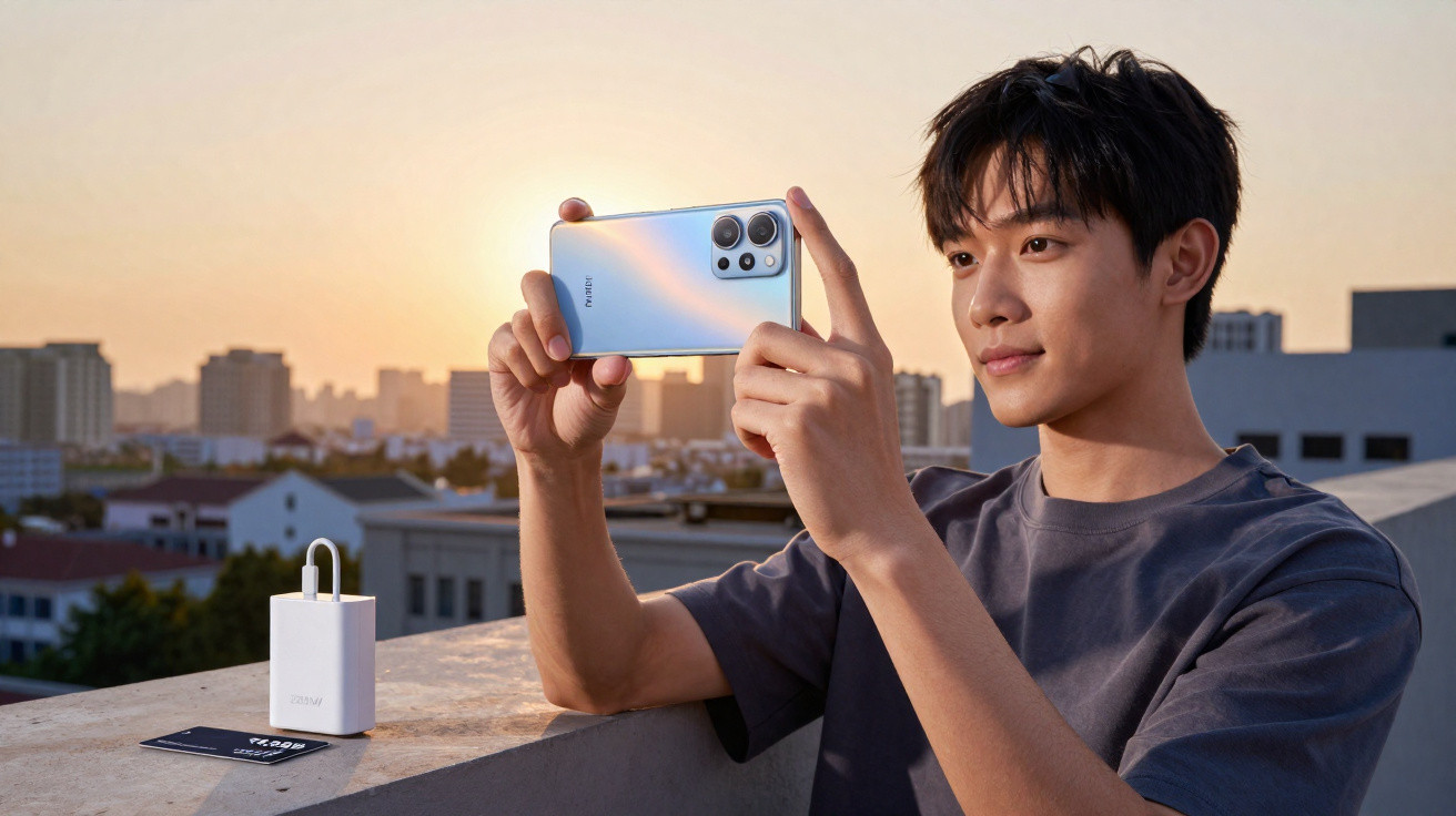 Jovem com camiseta cinza usa smartphone para tirar foto em área externa ao pôr do sol.