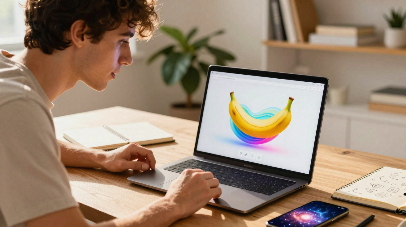 Jovem sentado à mesa olhando para tela de notebook com imagem digital de bananas e formas coloridas.