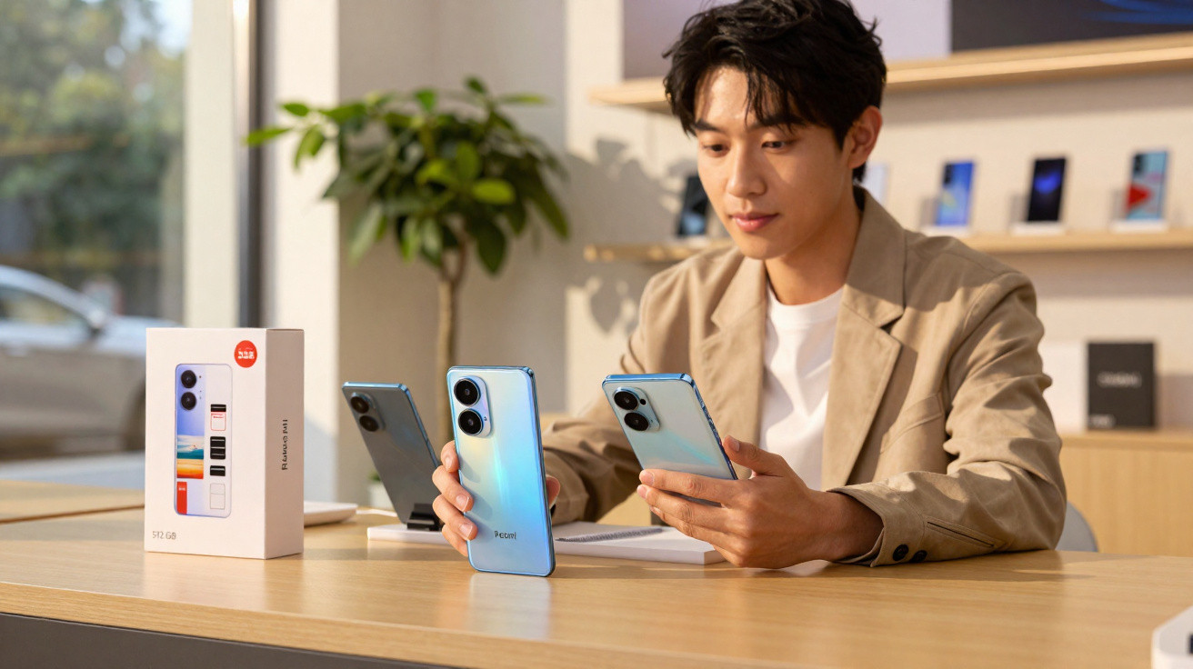 Homem segurando smartphone azul em mesa com caixa do aparelho e outros celulares ao fundo.