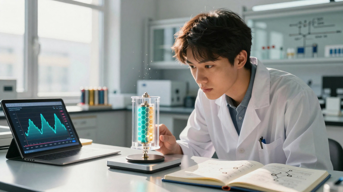 Jovem cientista observa experimento com tubo luminoso enquanto consulta livro e gráficos em laptop no laboratório.