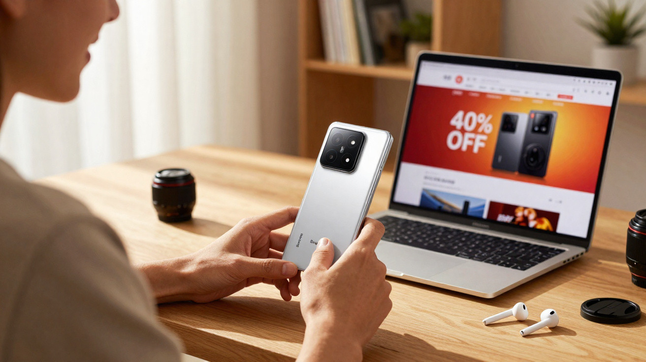 Pessoa segurando smartphone branco próximo a notebook com site de oferta de 40% de desconto aberto.