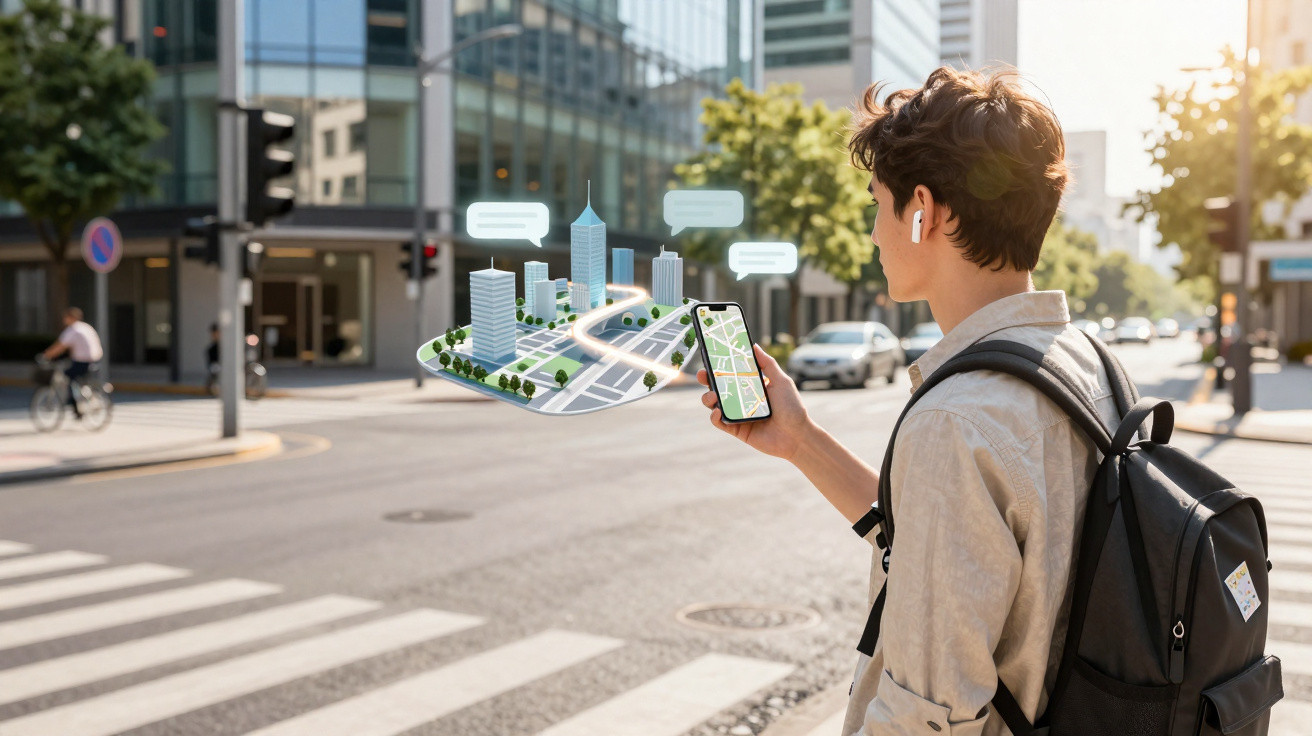 Jovem com mochila usando celular para navegação com mapa digital holográfico em rua da cidade.