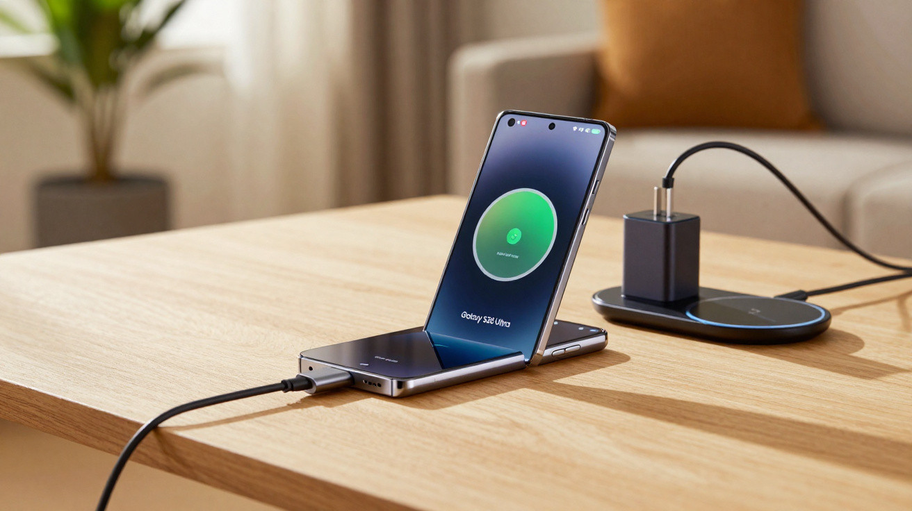 Smartphone dobrável Galaxy S22 Ultra aberto em L carregando com cabo USB-C em mesa de madeira clara.