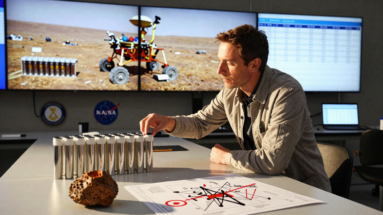 Homem em laboratório manipula tubos de ensaio com amostras, mesa com mapa e rocha, telas mostram rover e dados.