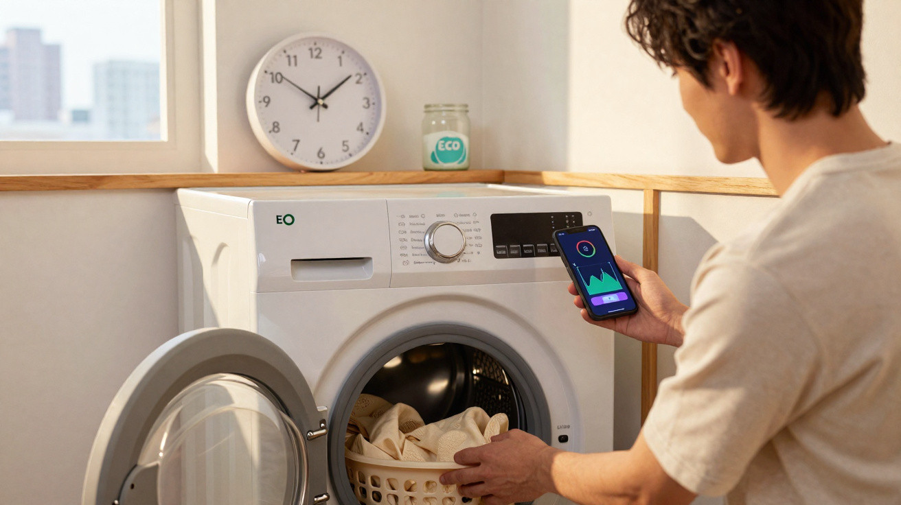 Pessoa usando smartphone para controlar lava-roupas branco com cesta de roupas e relógio na parede.