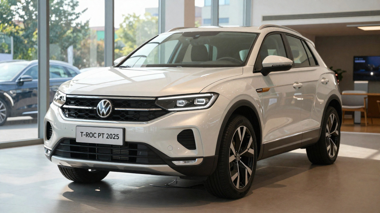 Carro SUV branco Volkswagen T-Roc PT 2025 em exposição interna.