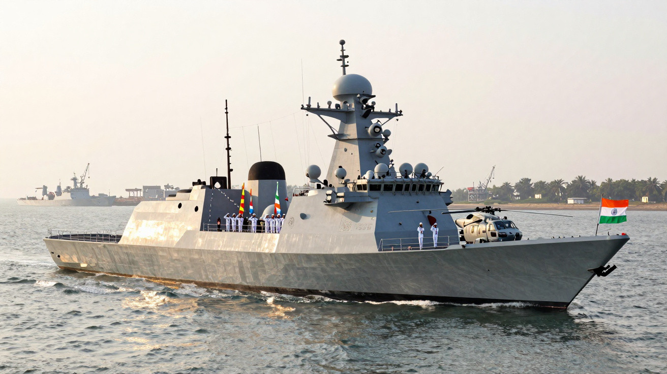 Navio de guerra cinza com tripulação em formação navegando próximo à costa sob céu claro.