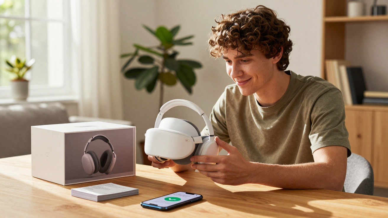 Homem jovem sorrindo enquanto segura um headset de realidade virtual branco em uma mesa com celular e caixa.